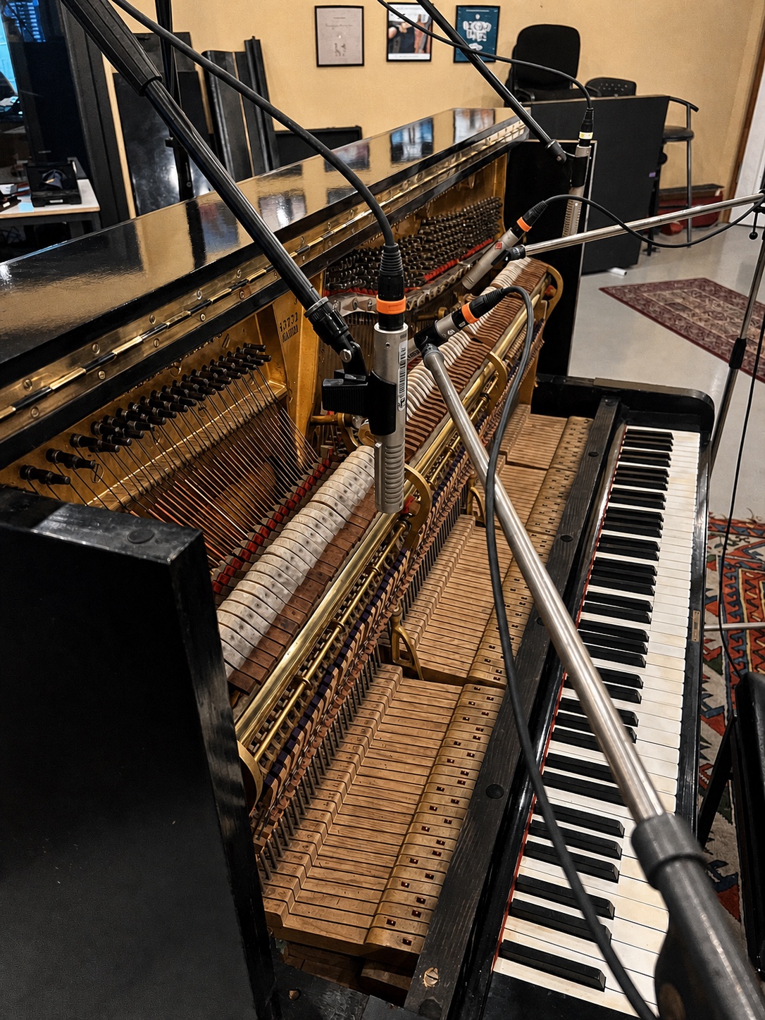 Upright piano prepared with microphones for the VST sampling session, image 1 of 4