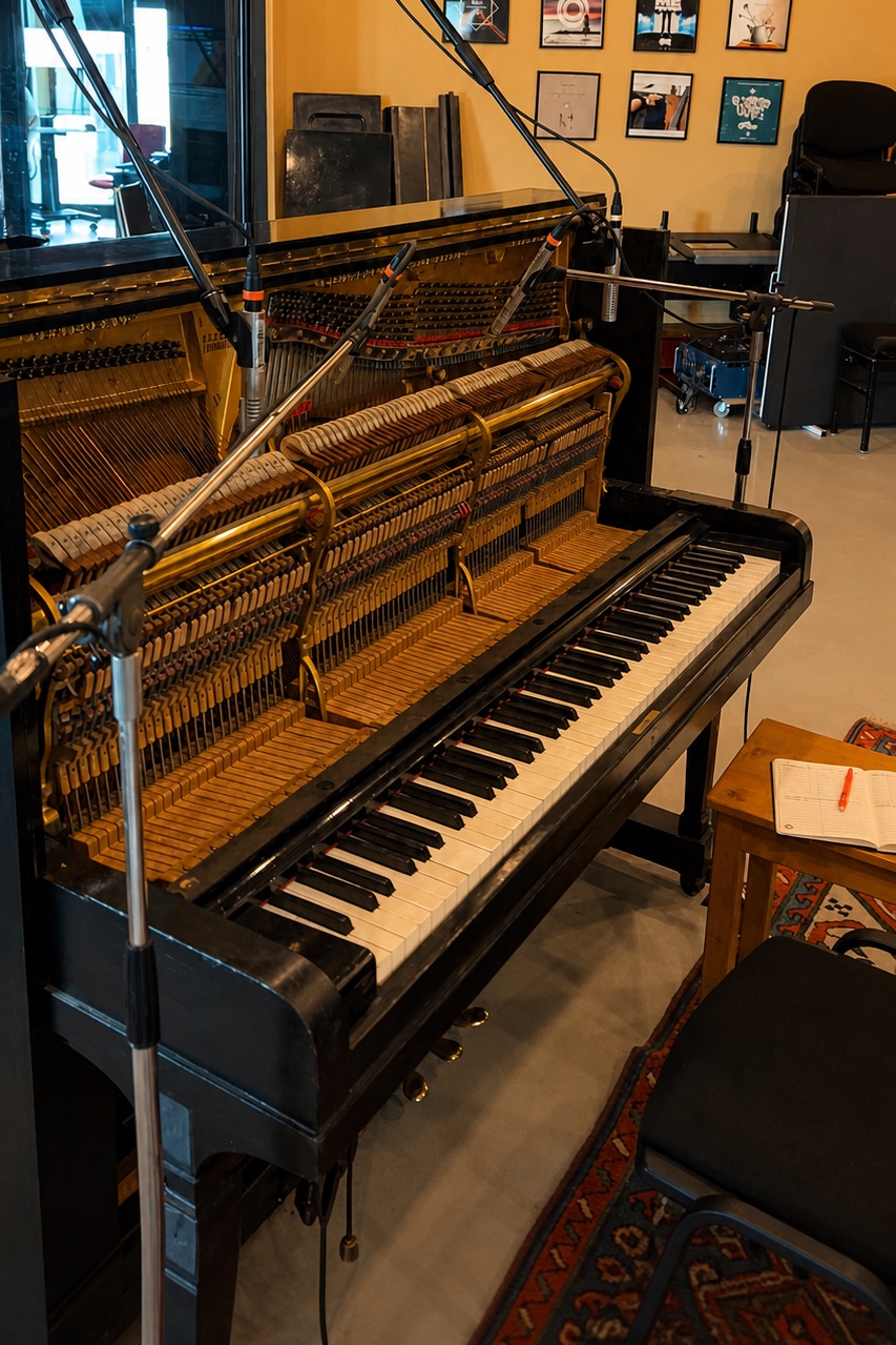 Open upright piano action and microphone setup during the VST sampling session, image 2 of 4