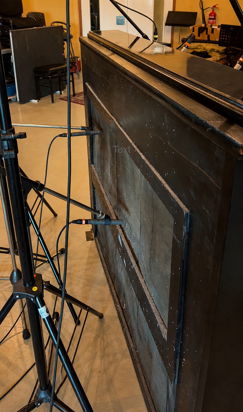 Rear microphone placement on the upright piano during the VST sampling session, image 3 of 4